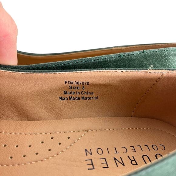 Journee Collection Wedge Shoes Women 8 Green faux Suede 2" Wood Heel Gold Buckle - Picture 9 of 10